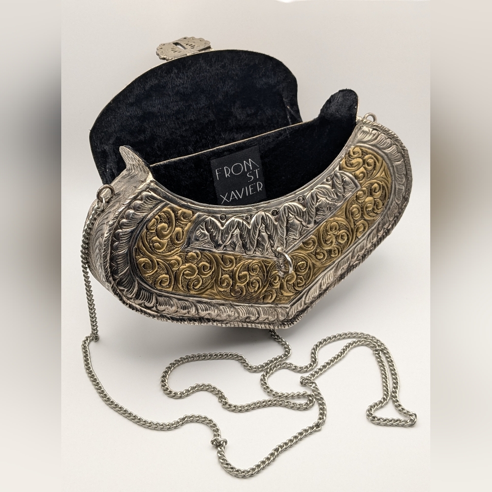 From St Xavier Metal Bag Two Tone Silver & Gold Tones Embossed Handmade Clutch